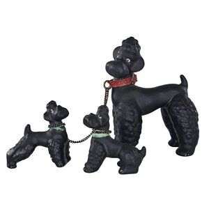 Vintage Early Goebel Pre Hummel Black Poodle Family Figurines Chain Leash Set